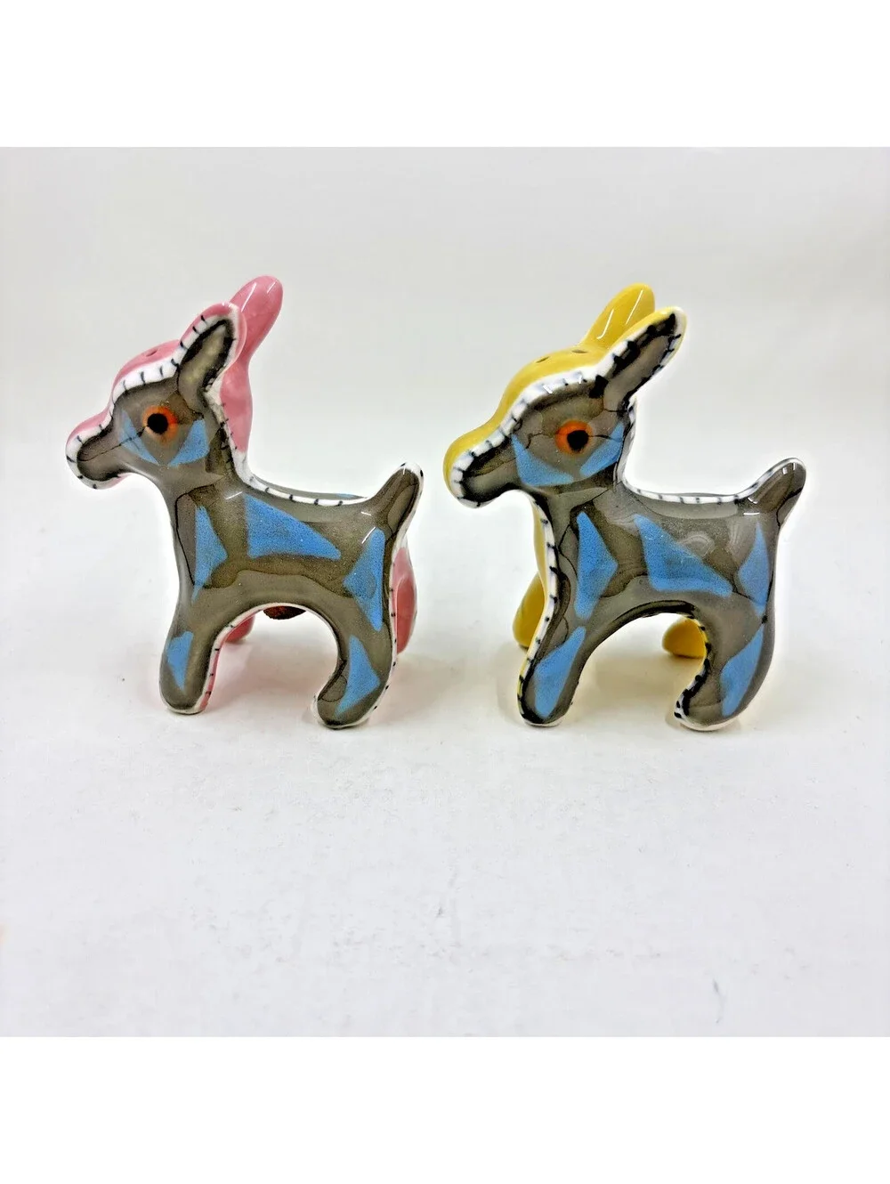 Vintage Napco Donkey Mule Salt Pepper Shakers Pink Yellow Quilted